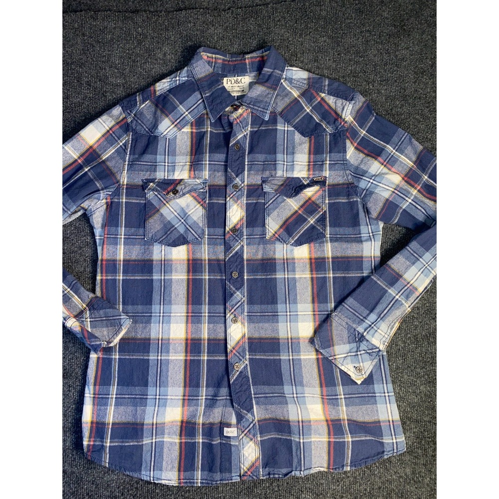 PD&C Shirt Boy Medium Multicolor Plaid Slim Fit Detail Chest Pockets Button Down
